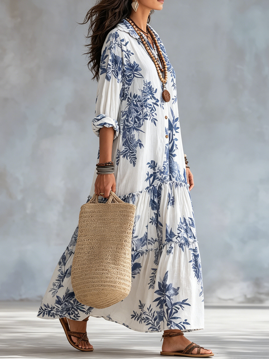 SELMA | BOHEMIAN BLUE FLORAL BUTTON-DOWN MAXI DRESS