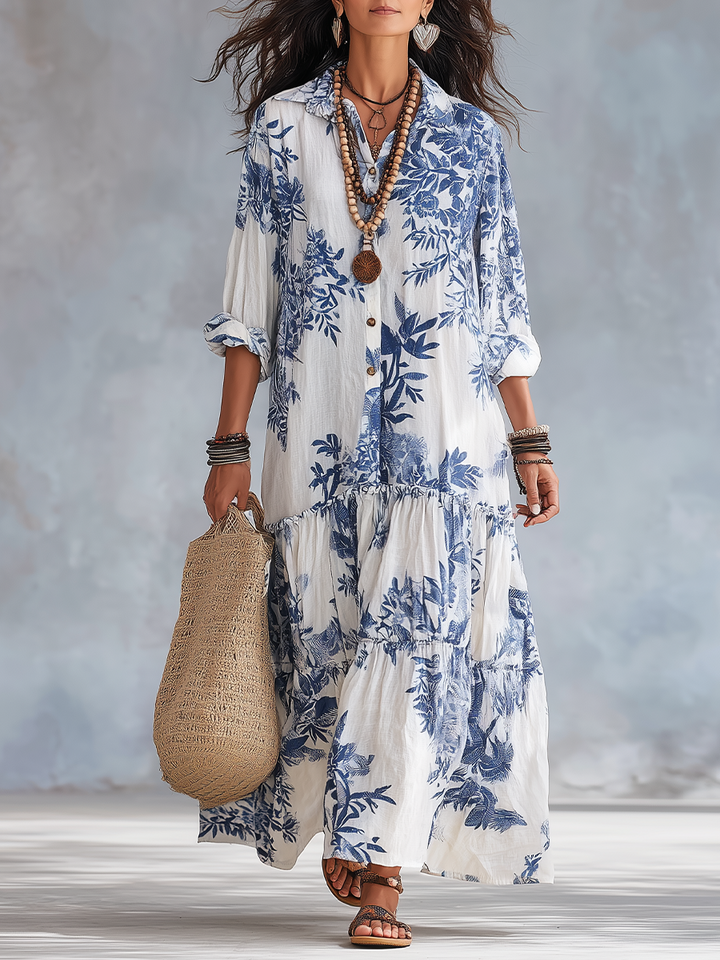SELMA | BOHEMIAN BLUE FLORAL BUTTON-DOWN MAXI DRESS