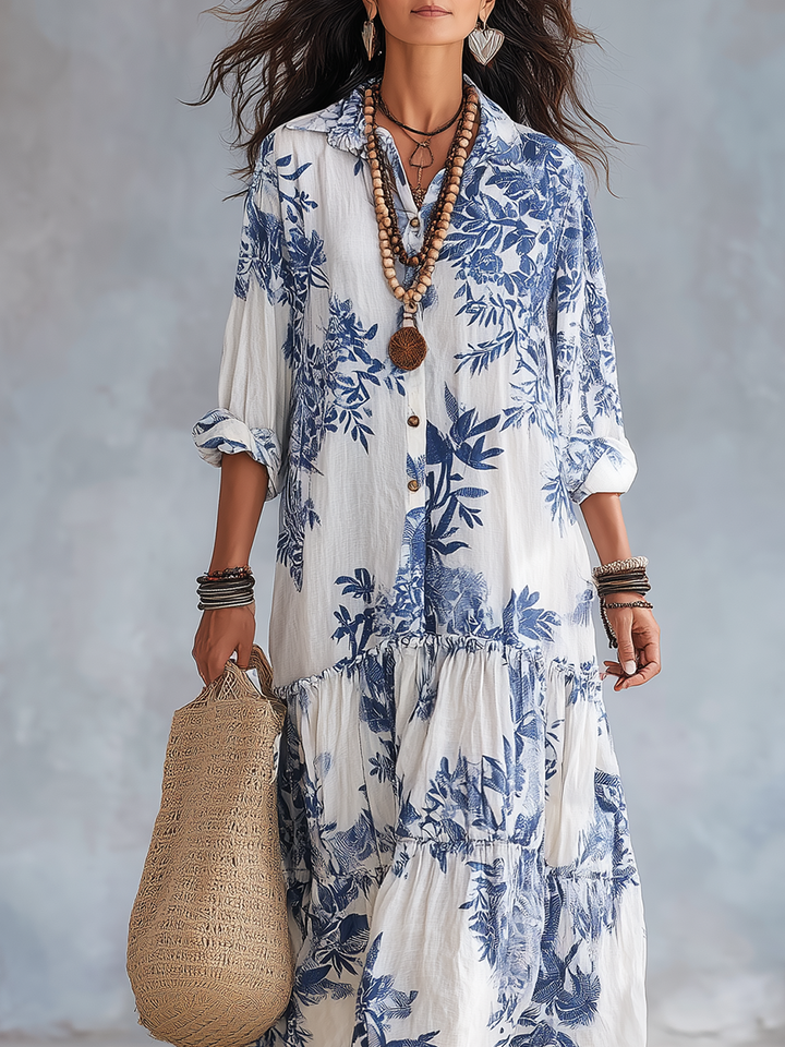 SELMA | BOHEMIAN BLUE FLORAL BUTTON-DOWN MAXI DRESS