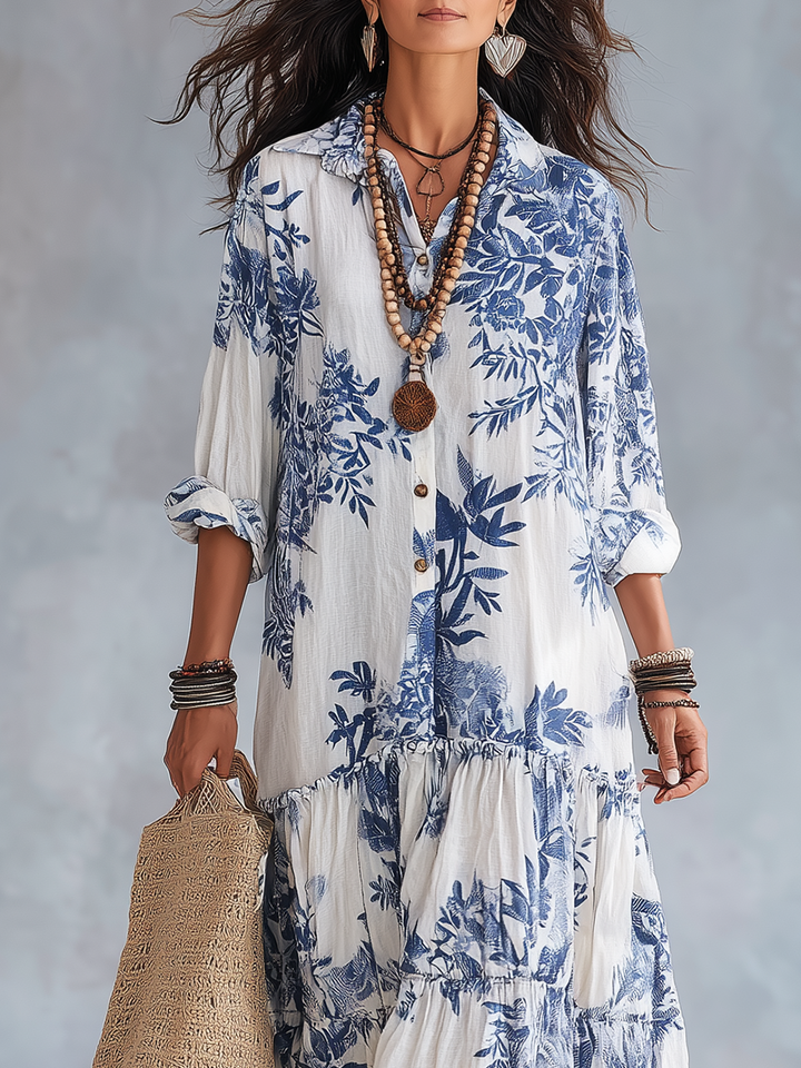 SELMA | BOHEMIAN BLUE FLORAL BUTTON-DOWN MAXI DRESS