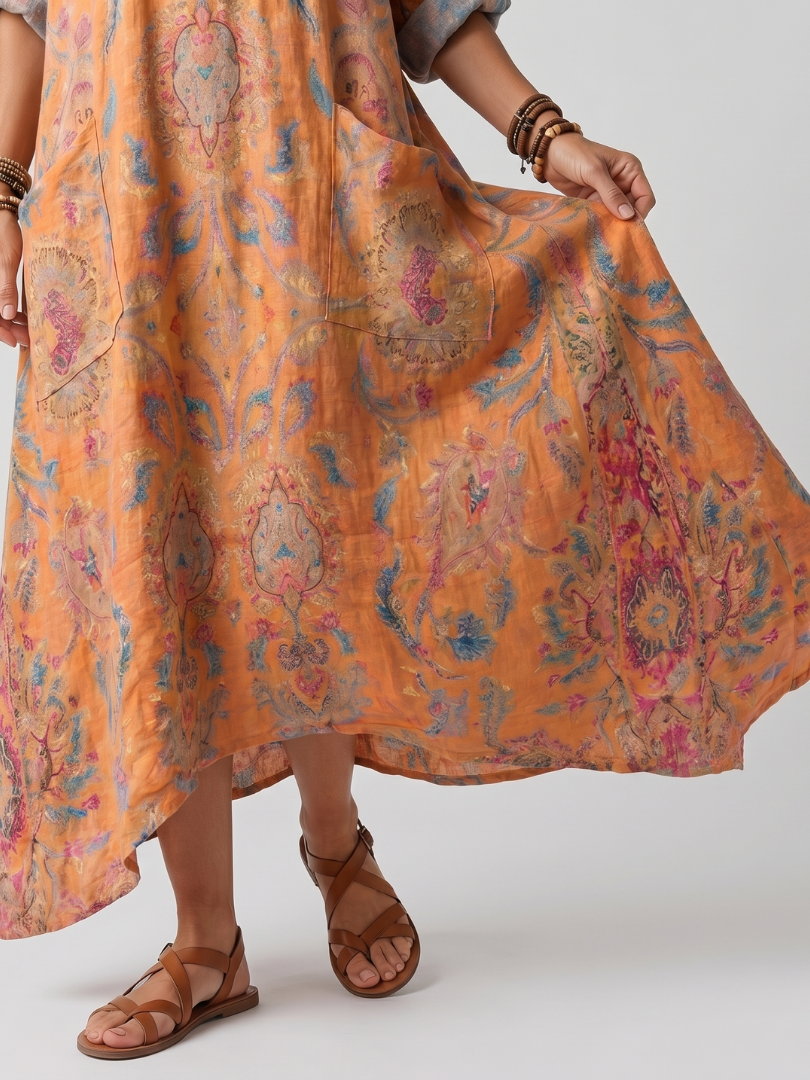 CLARIE | V-NECK PRINTED OVERSIZED POCKET MIDI DRESS