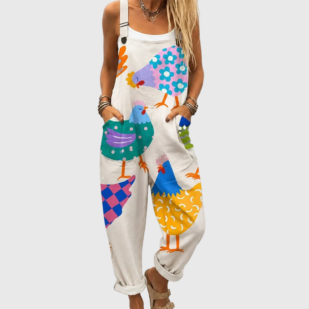 FREYA | SOFT JUMPSUIT WITH COLORFUL CHICKEN PRINT