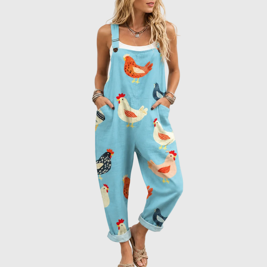 DAISY | CASUAL BLUE JUMPSUIT WITH CHICKEN PRINT