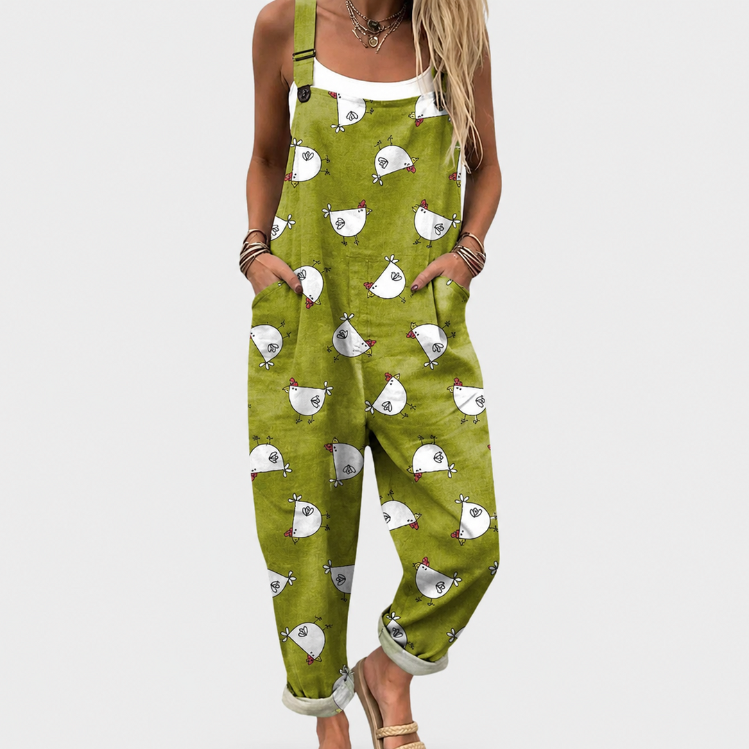 ISABELLA | SOFT OLIVE GREEN JUMPSUIT WITH HEN PATTERN