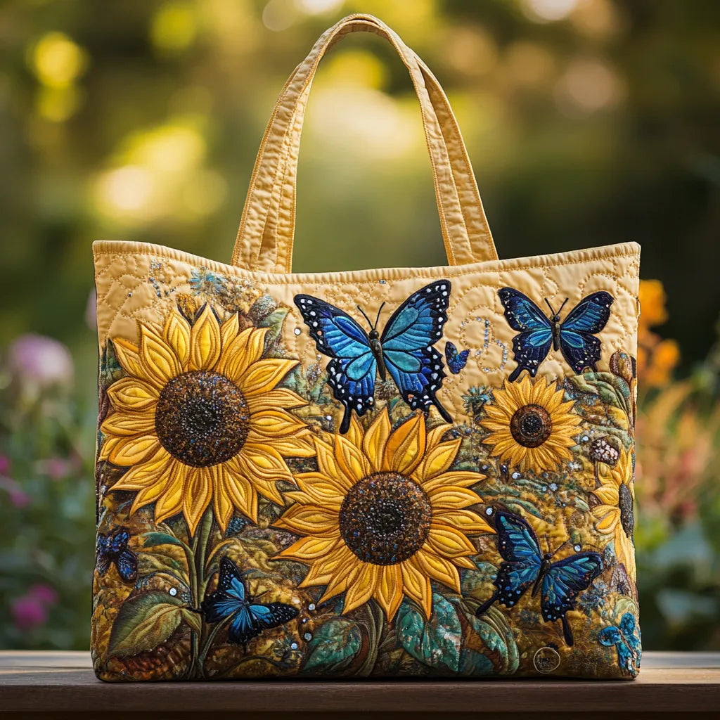 SUNFLORIA | ARTISANAL SUNFLOWER AND BLUE BUTTERFLY TOTE BAG