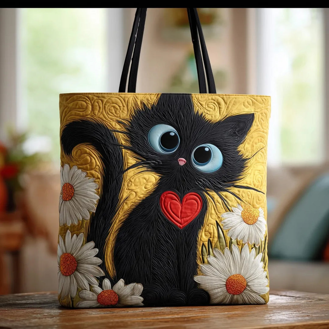 DAISYNOIR | HANDMADE BLACK CAT BAG WITH HEART AND DAISIES