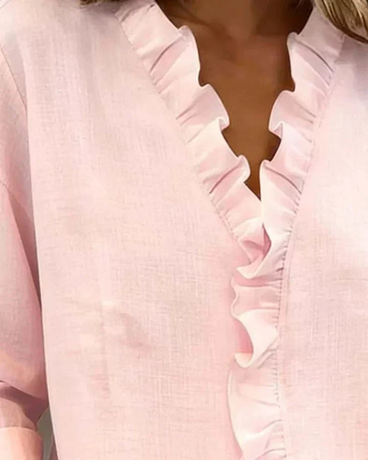 VELMA | BLOUSE WITH RUFFLES &amp; V-NECK