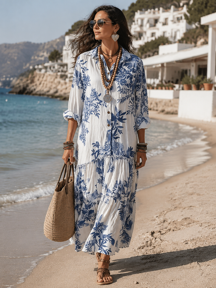 SELMA | BOHEMIAN BLUE FLORAL BUTTON-DOWN MAXI DRESS