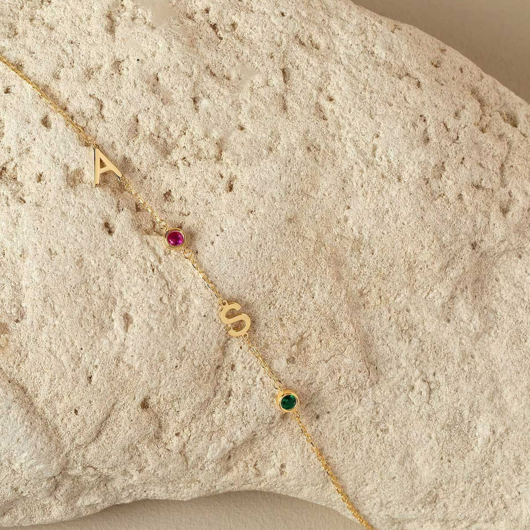 Olisa Double Initial and Birthstone Bracelet, worn, side view