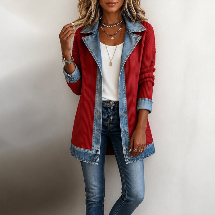 VERINA | RIBBED COAT WITH DENIM-STYLE TRIM