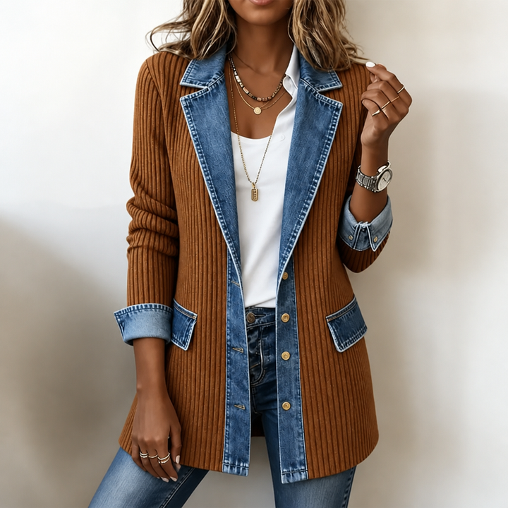 VERINA | RIBBED COAT WITH DENIM-STYLE TRIM