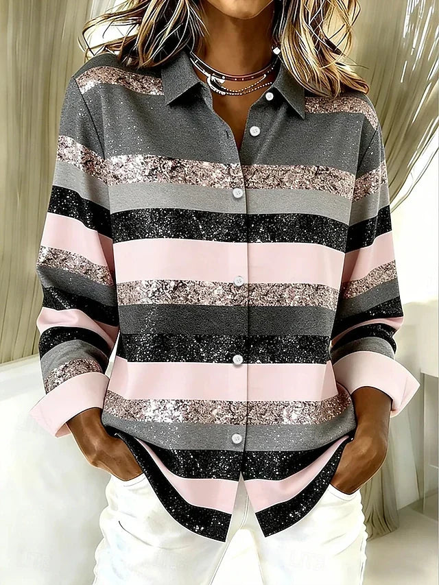EVANCLINE | CASUAL HORIZONTAL STRIPE BUTTON BLOUSE